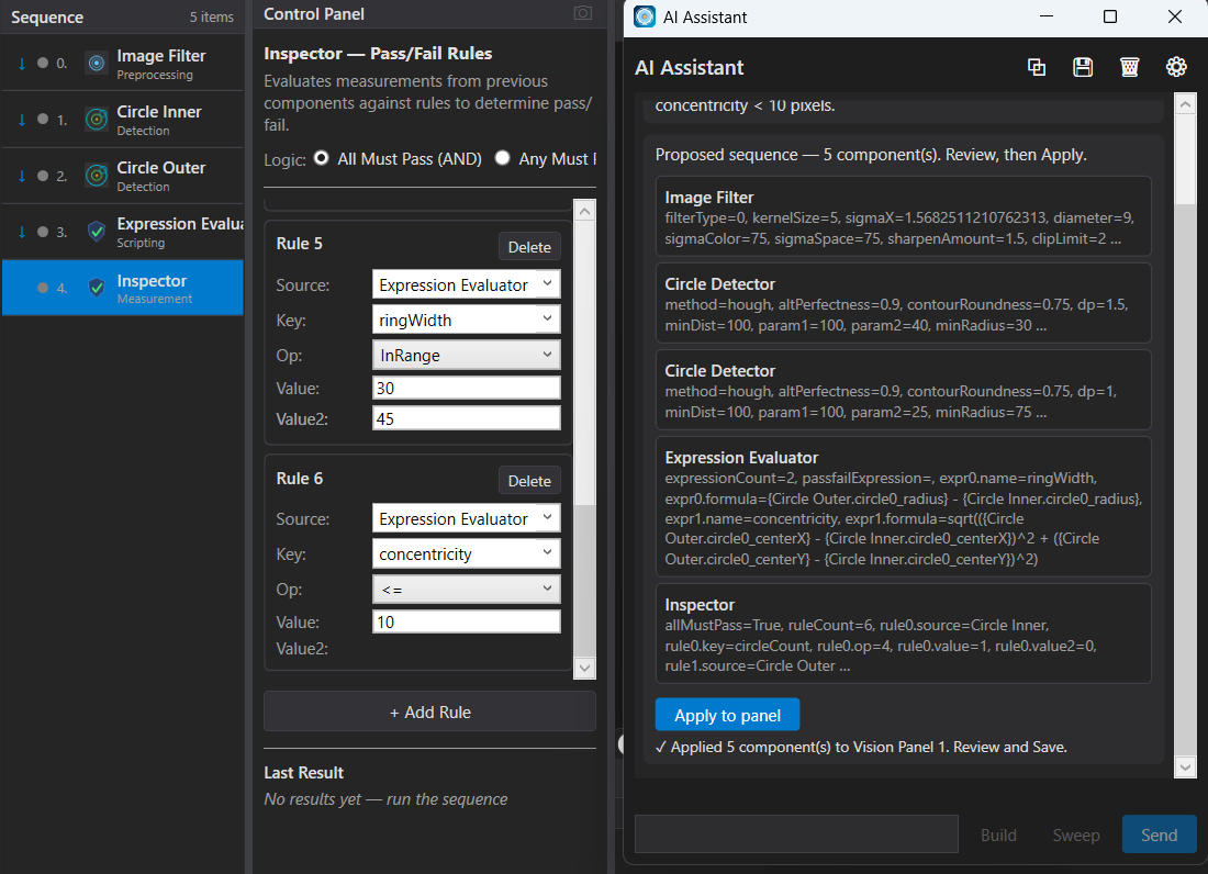 VisionBase Studio AI Assistant building an annulus inspection — a proposed 5-component sequence (Image Filter, two Circle Detectors, Expression Evaluator, Inspector) applied to the panel with pass/fail rules