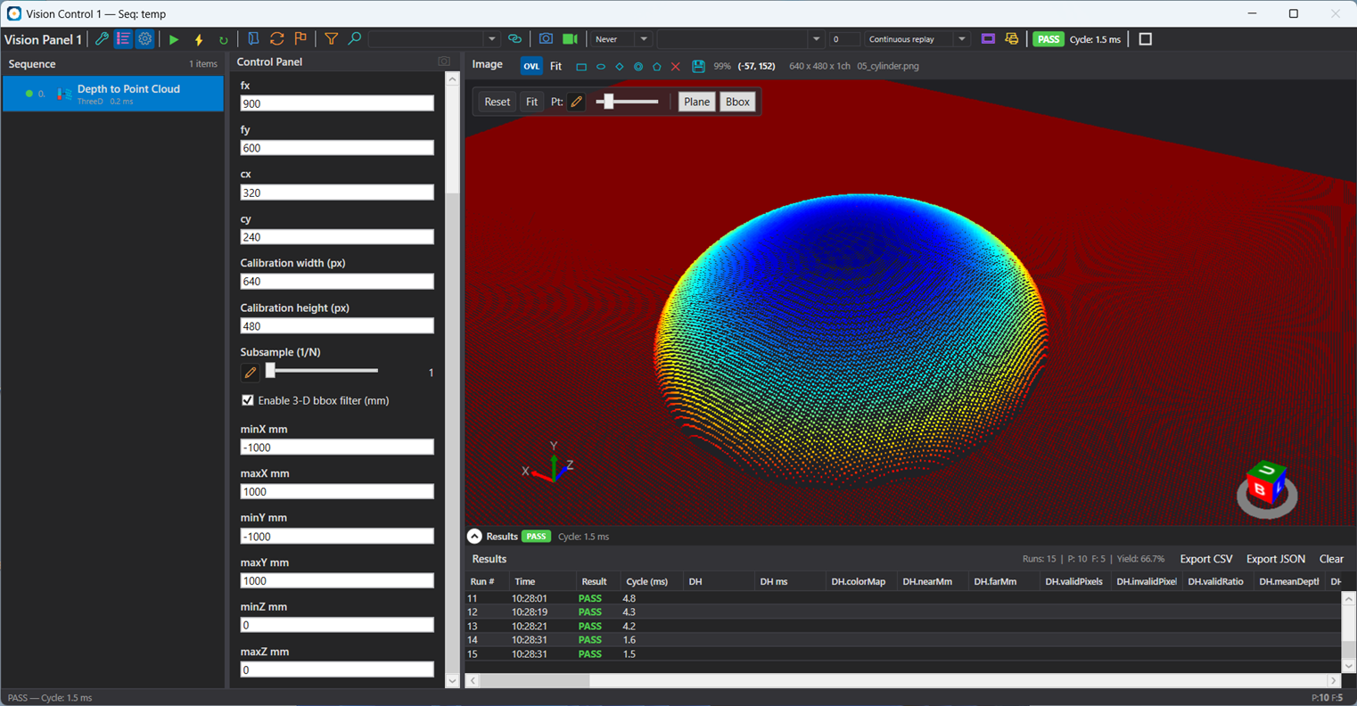 VisionBase Studio Depth to Point Cloud — a colour-mapped 3D point cloud rendered from a 16-bit depth map with camera intrinsics, 3D bounding-box filtering, and PASS results