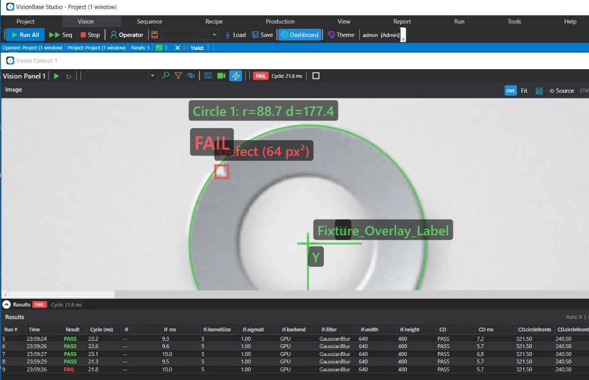 Operator Mode full-screen — large live image, PASS/FAIL verdict, counts, and run controls
