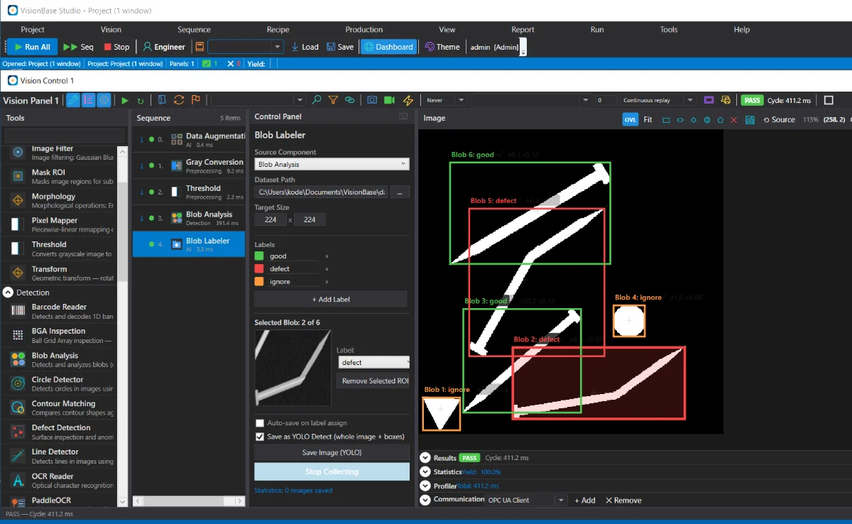 IDE and VisionBase Studio side by side — a hot-reloaded custom component in the tool list with live overlays