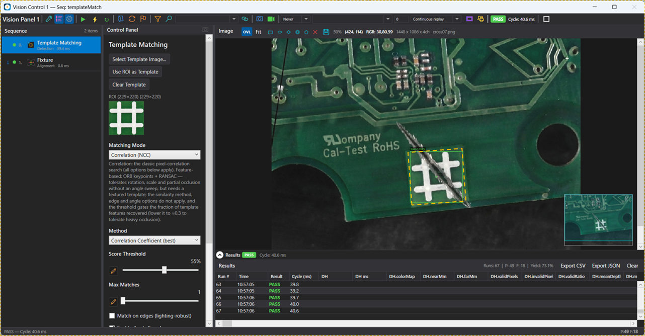 VisionBase Studio Template Matching — a fiducial cross located on a PCB with the correlation score, ROI template, matching mode, and live PASS results
