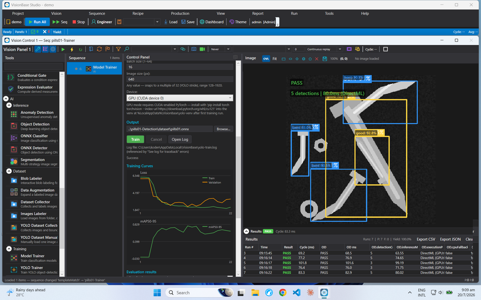VisionBase Studio main window — sequence panel, live viewport with overlays, and results